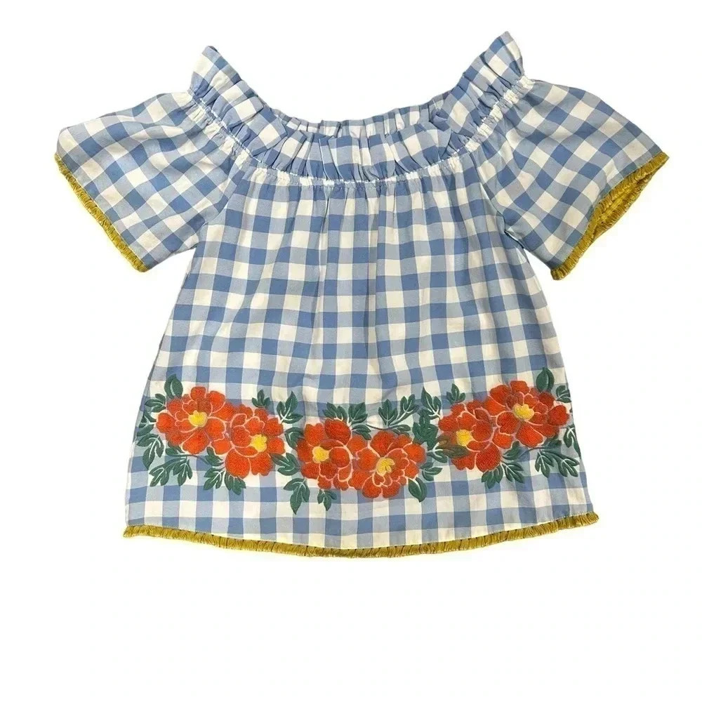 THML Blue Gingham Checkered Off Shoulder Top Women’s Small Floral Detail EUC